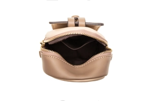 Detailed interior of a light coffee mini crossbody bag with gold zipper and liner pocket