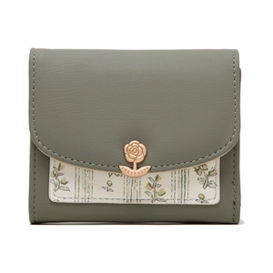 Portefeuille Femme Plié En Trois Cuir PU Imprimé Floral Boucle Métal Rose Multi Emplacements Cartes Pochette Élégante Dame
