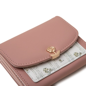 Portefeuille femme tricolore en cuir PU rose avec imprimé floral et boucle rose