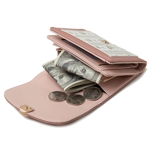 Portefeuille femme rose à imprimé fleuri, trois volets avec boucle dorée et porte-cartes