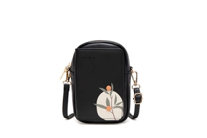 Close-up of black PU leather phone bag with leaf print and metal zipper details