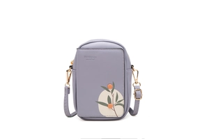 Detail view of the gray-purple PU leather phone bag featuring leaf print and gold hardware
