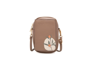 Close-up of brown phone bag featuring green leaf prints and gold metal hardware