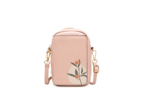 Detail of light pink PU leather phone bag with leaf print and Prettyzys brand logo
