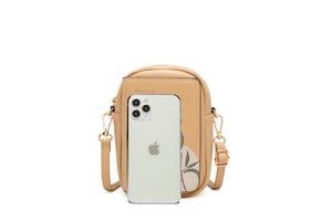 Detailed view of beige leather phone bag with leaf print and size comparison with smartphone