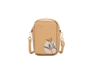 Detail of tan lychee grain leather phone bag with leaf print and adjustable strap
