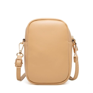 Minimalist beige PU leather phone crossbody bag with gold hardware and zipper closure