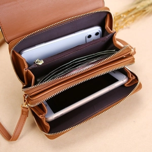 Classic brown leather crossbody phone wallet with double zippers and multiple card slots
