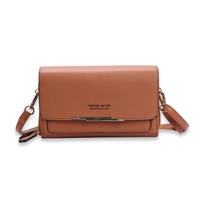 Brown long leather crossbody wallet with gold trim and adjustable shoulder strap for women