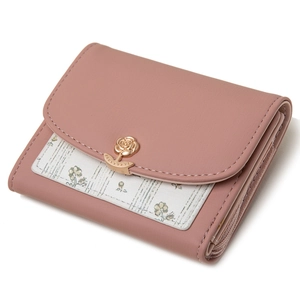 Petit portefeuille rose en cuir PU pour femme avec fermoir rose dorée et décor floral