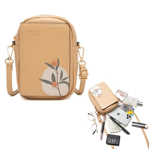Women PU Leather Mini Crossbody Phone Bag Leaf Printed Vertical Rectangular Wallet Purse Card Slots