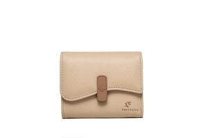 Close-up of beige bifold wallet showing litchi texture and decorative center buckle