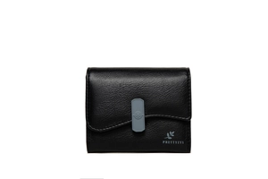 Detail of black pebbled leather wallet with grey floral buckle and brand logo