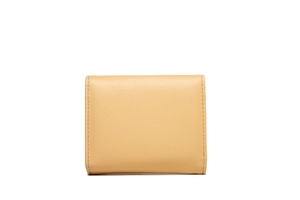 Detailed close-up of beige leather wallet featuring fine lychee grain texture and stitching