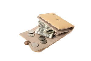 Detail view of khaki PU leather wallet interior with cash compartments and card slots