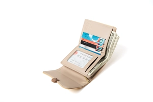 Detail view of beige fold wallet featuring multiple card slots and clear ID window