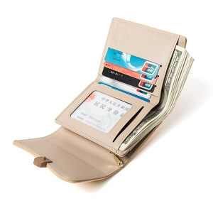 Three-fold beige PU leather women's short wallet with multiple card slots and coin pocket