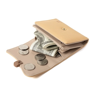 Short bi-fold PU leather wallet in beige and brown with metal snap and multi-card slots