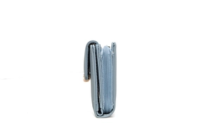 Side view of multi-layer light blue PU leather short wallet with zipper and snap closure