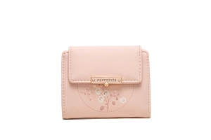 Close-up of pink PU leather wallet with floral print and gold logo plaque detail