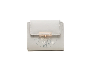 Detail of grey PU leather wallet featuring floral print and gold PRETTYZYS metal plate