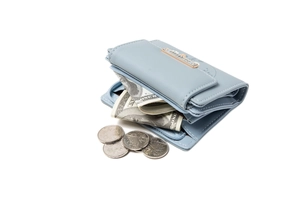 Detail of light blue PU leather folding wallet with gold hardware and coin compartment