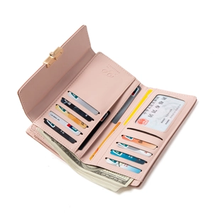Portefeuille long rose en similicuir pour femme, triptyque avec fermoir doré et porte-cartes
