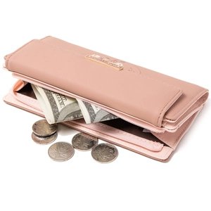 Portefeuille long pour femme en similicuir rose poudré avec imprimé floral et logo doré