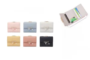 Detailed view of women's tri-fold wallet with floral embroidery and snap button closure