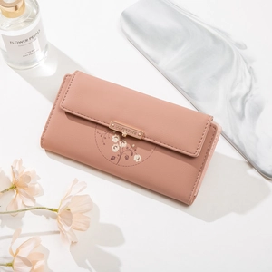 Portefeuille long pour femme en cuir PU rose poudré avec imprimé floral élégant