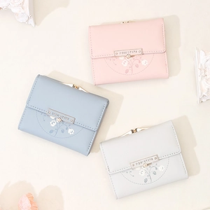 Three-fold short floral wallet in pink, blue, and grey with a vintage gold clasp closure