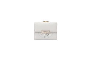 Detail view of white PU leather trifold wallet with floral print and gold kiss lock