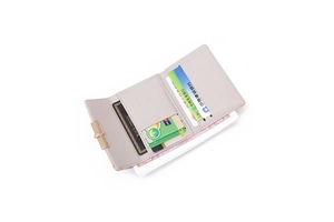 Detail view of light grey trifold wallet showing card slots and currency compartment