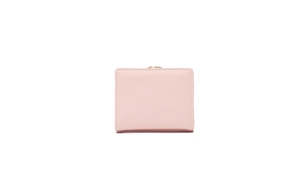 Close-up of light pink PU leather trifold wallet with golden metal buckle and stitching