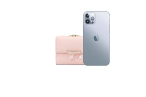 Compact pink floral PU leather trifold wallet shown next to a smartphone for size reference