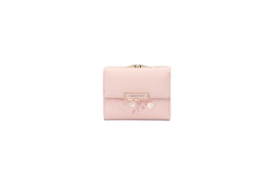 Detail of light pink PU leather tri-fold wallet featuring flower print and metal clasp