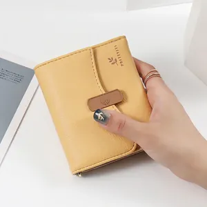 Women Short Wallet PU Leather Lychee Pattern Trifold Purse Wavy Flap Flower Buckle Multi Card Slots Small Clutch
