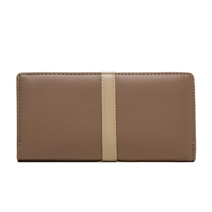Brown long PU leather wallet with beige vertical patch and elegant stitching