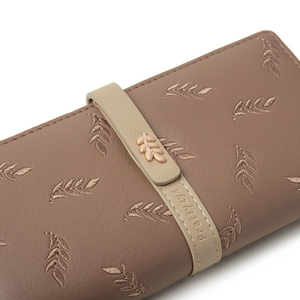 Mocha brown long wallet with leaf embroidery and golden metal hardware leaf clasp