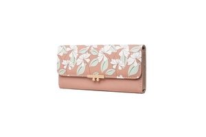 Detail of pink PU leather long wallet featuring floral print flap and gold logo bar