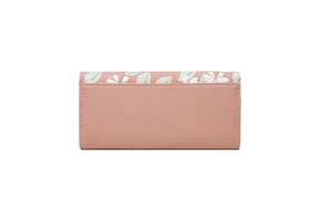 Detail of pink and mint green leather wallet featuring elegant floral print on the flap