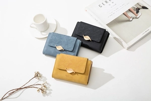 Detailed view of frosted PU leather wallets with leaf buckle in three different colors
