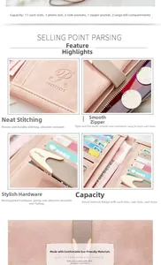 Detail view of pink multi-slot wallet interior showing card slots and zipper pocket