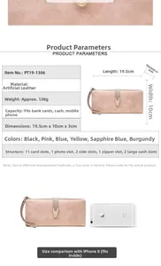 Detailed pink wallet size guide and internal structure with multiple card slots
