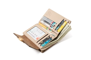 Detail of light coffee trifold wallet showing multi-card slots and cash compartment