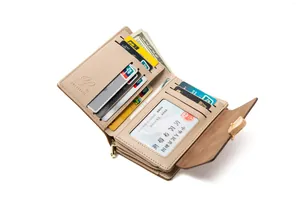 Detailed interior of apricot PU leather wallet showing multiple card slots and card holder