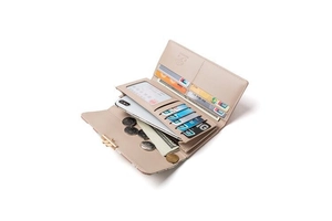 Internal view of beige long wallet showing multiple card slots and phone compartment