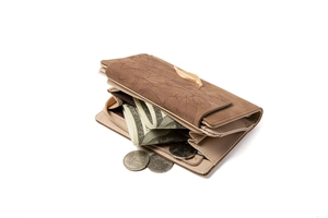 Close-up of women's long wallet showing leaf buckle and large bill compartments