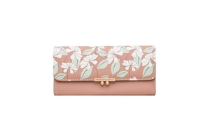 Close-up of pink long wallet featuring floral print and gold rectangular metal clasp