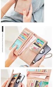 Detail view of pink frosted long wallet showing card slots and phone pocket